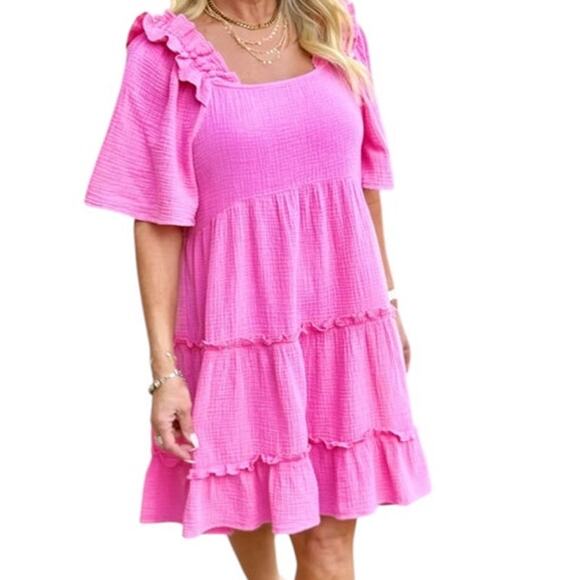 easel Dresses & Skirts - Easel Own The Frill Mini Babydoll Pink Small Ruffled Tiered Cotton Gauze Dress